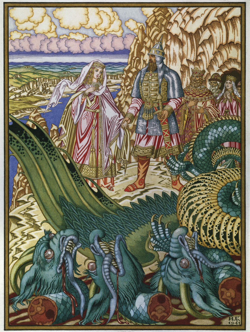 Dobrynya Kills the Dragon, vintage artwork by Ivan Yakovlevich Bilibin, 12x8" (A4) Poster