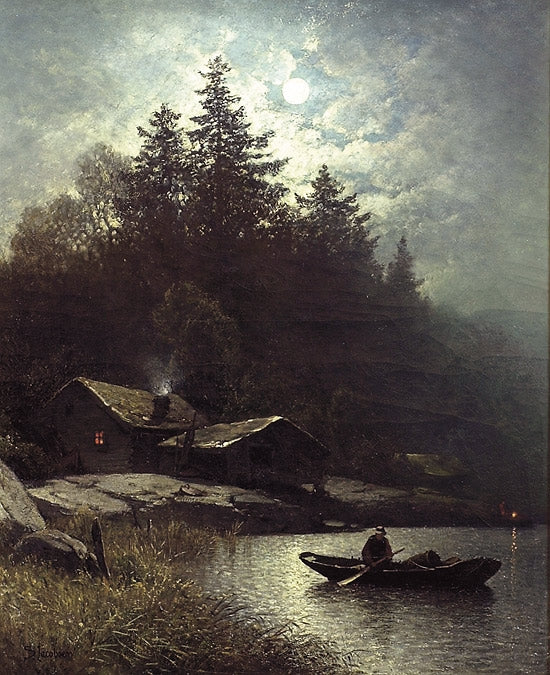 Fisherman in the Moonlight, vintage artwork by Sophus Jacobsen, 12x8" (A4) Poster