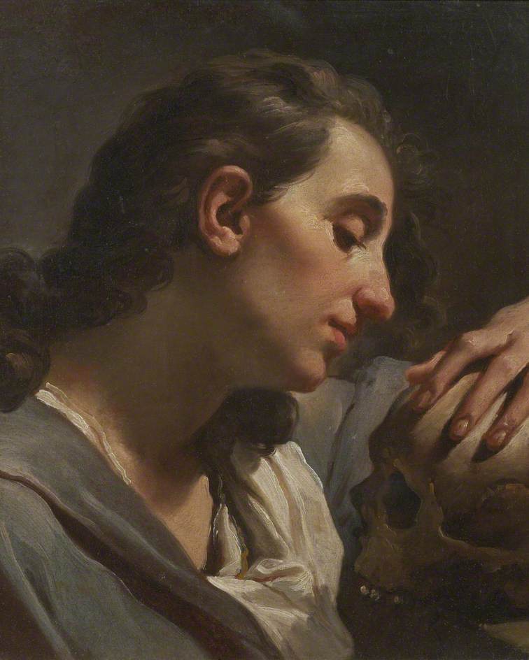 Study of a Lady Contemplating a Skull, vintage artwork by Attributed to Gaetano Gandolfi, 12x8" (A4) Poster