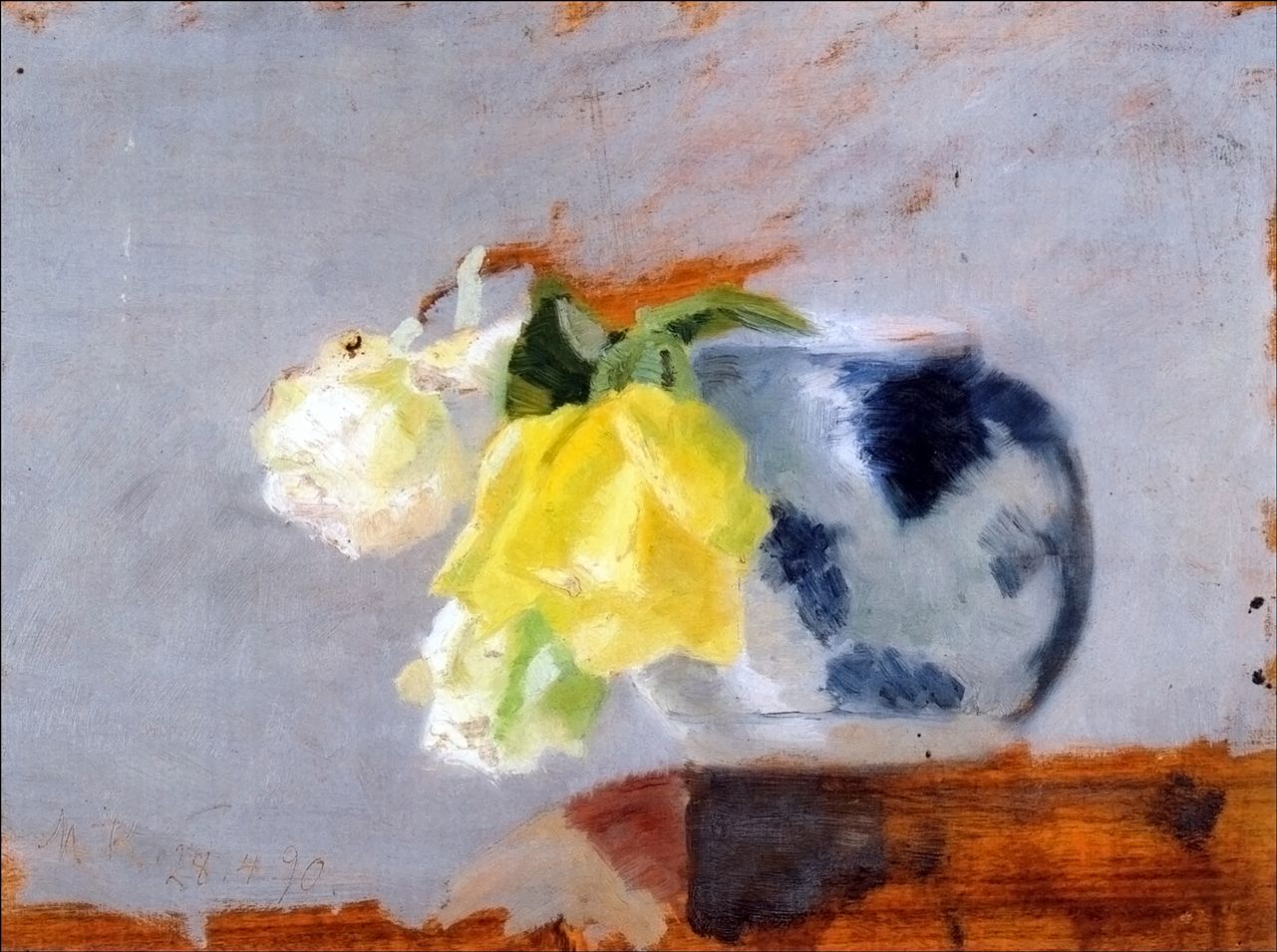 Yellow and white roses in a vase, vintage artwork by Marie Triepcke Kroyer, 12x8" (A4) Poster