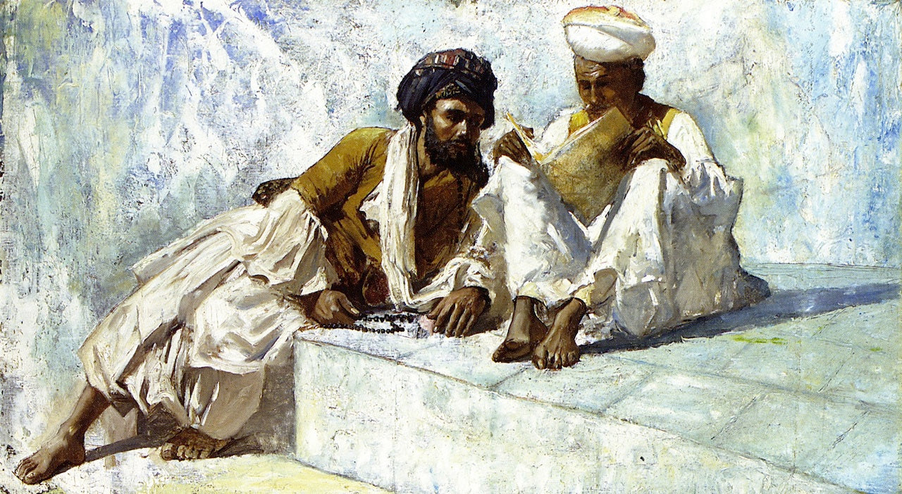 The Hour of Prayer at the Pearl Mosque, Agra (figure study), vintage artwork by Edwin Lord Weeks, 12x8" (A4) Poster
