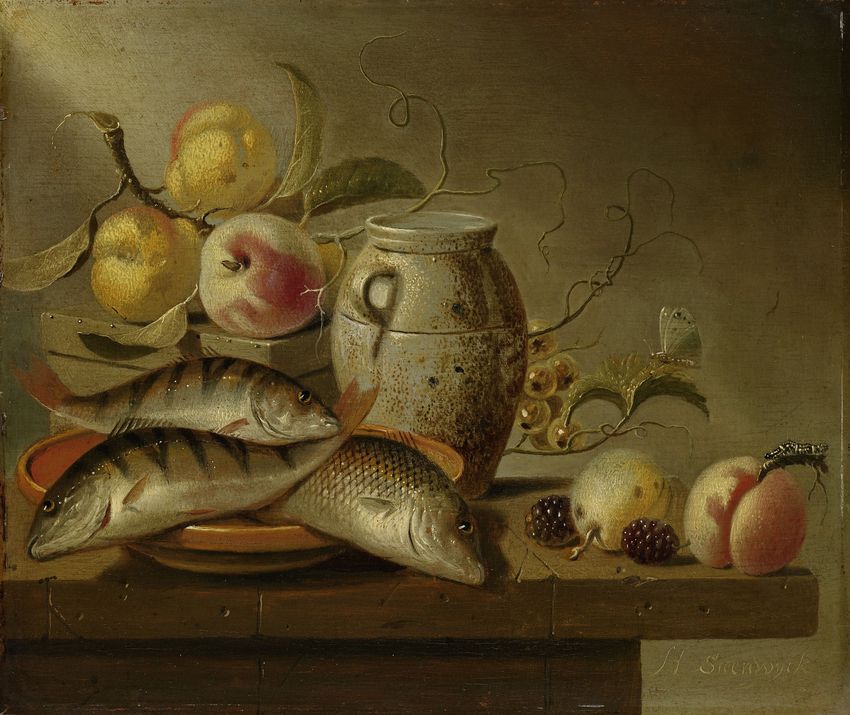 Still Life with Earthenware Jar, Fish and Fruit, vintage artwork by Harmen van Steenwijck, 12x8" (A4) Poster
