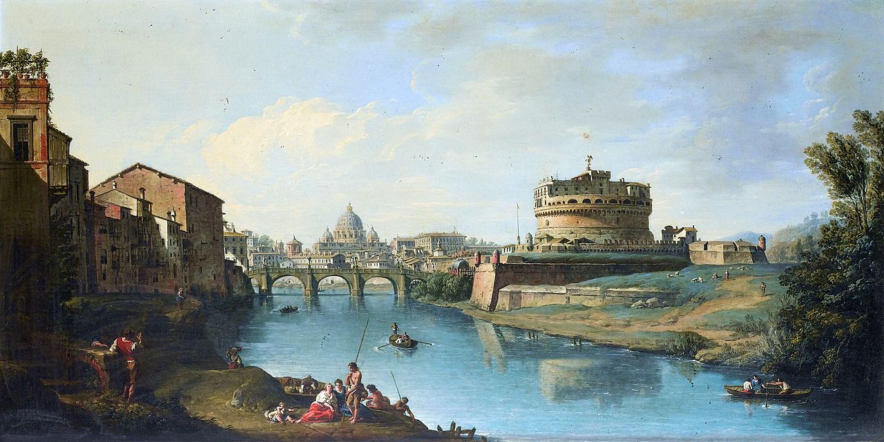 View of the Tiber Looking Towards the Castel Sant'Angelo, with Saint Peter's in the Distance, vintage artwork by Giuseppe Zocchi, 12x8" (A4) Poster