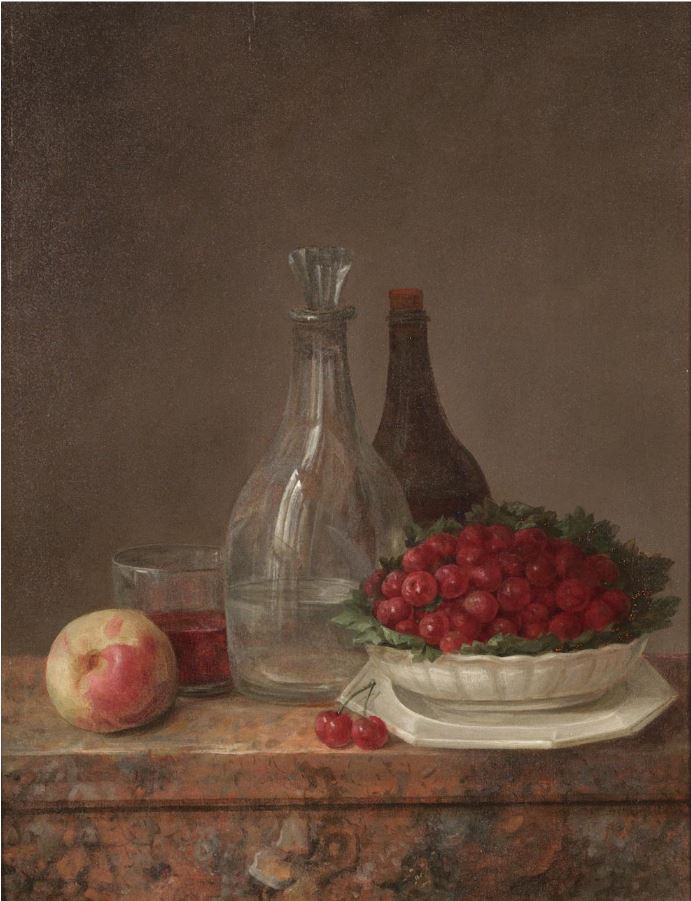 A Still Life With A Bowl Of Cherries, A Peach And Carafes Of Water And Wine On A Marble Ledge, vintage artwork by Claude-Joseph Fraichot, 12x8" (A4) Poster
