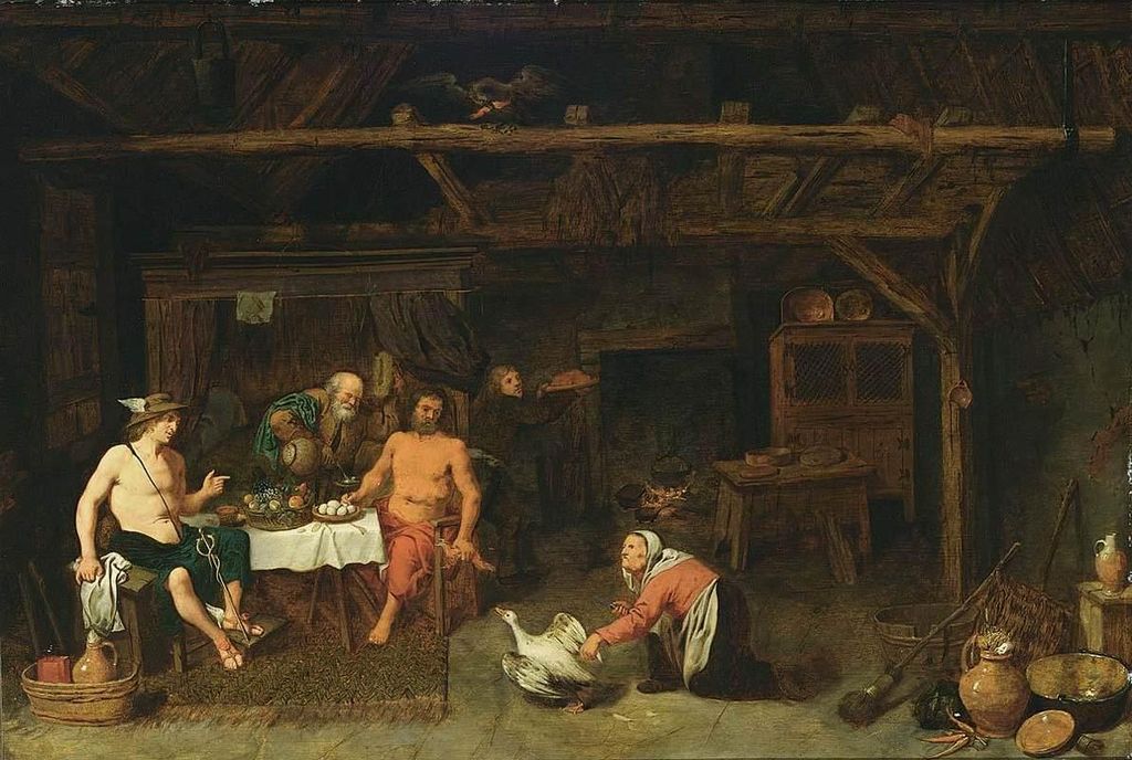 Philemon and Baucis Giving Hospitality to Jupiter and Mercury, vintage artwork by David Ryckaert III, 12x8" (A4) Poster