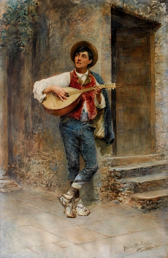 A young lute player, vintage artwork by Maria Martinetti, 12x8" (A4) Poster