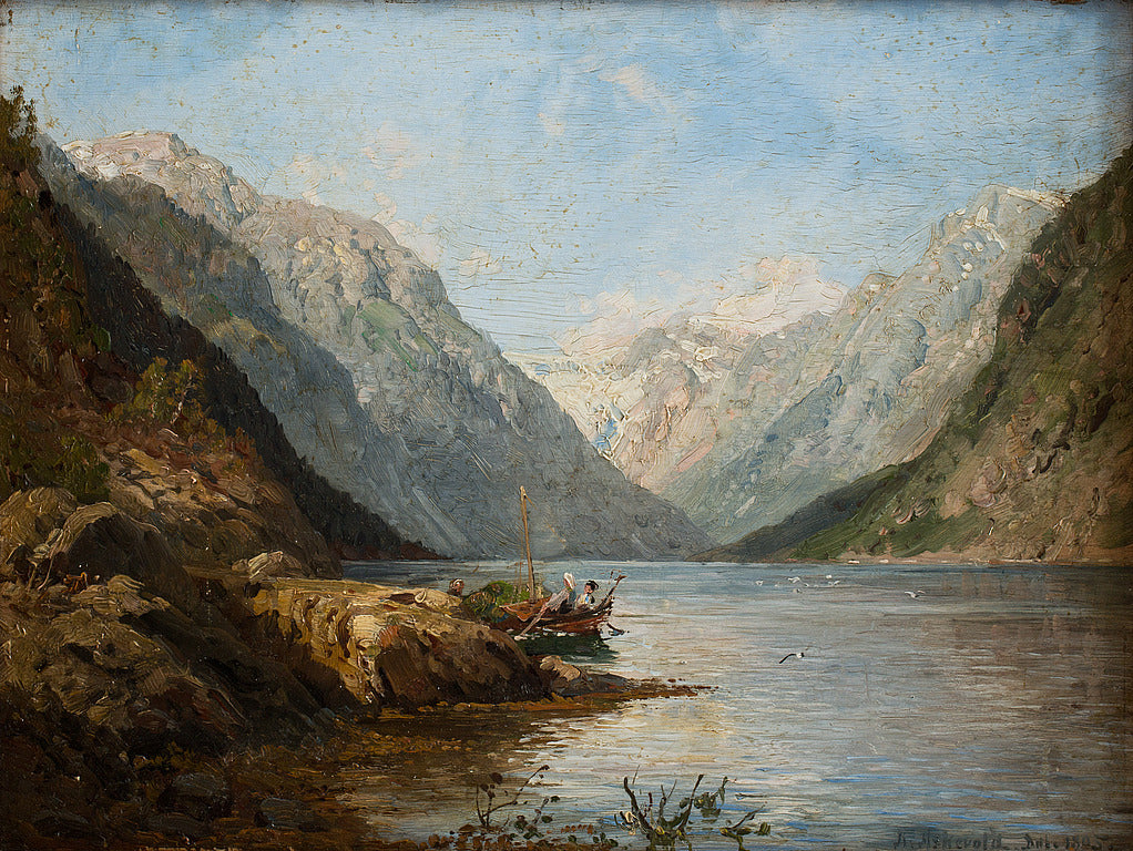 Fjord Landscape with a Boat, vintage artwork by Anders Monsen Askevold, 12x8" (A4) Poster