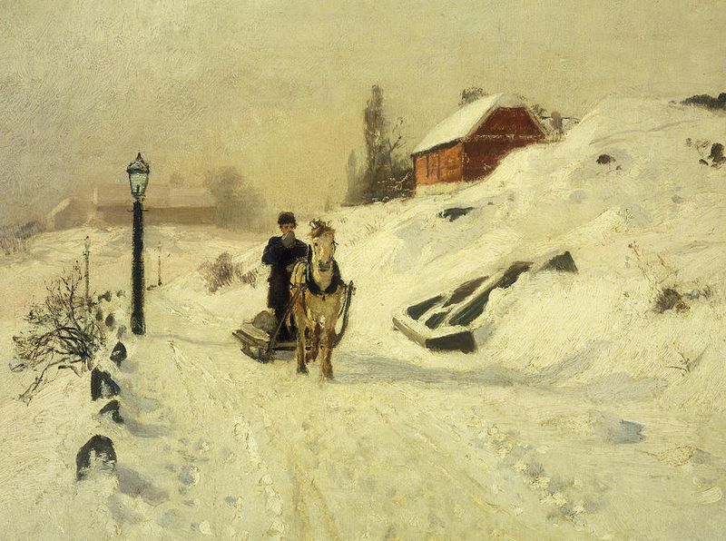 A Horse-Drawn Sleigh in a Winter Landscape, vintage artwork by Fritz Thaulow, 12x8" (A4) Poster