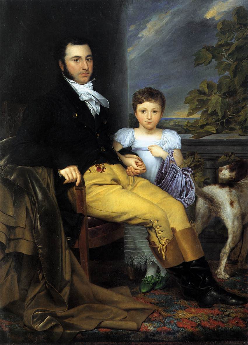 Portrait of a Prominent Gentleman with his Daughter and Hunting Dog, vintage artwork by Joseph-Denis Odevaere, 12x8" (A4) Poster