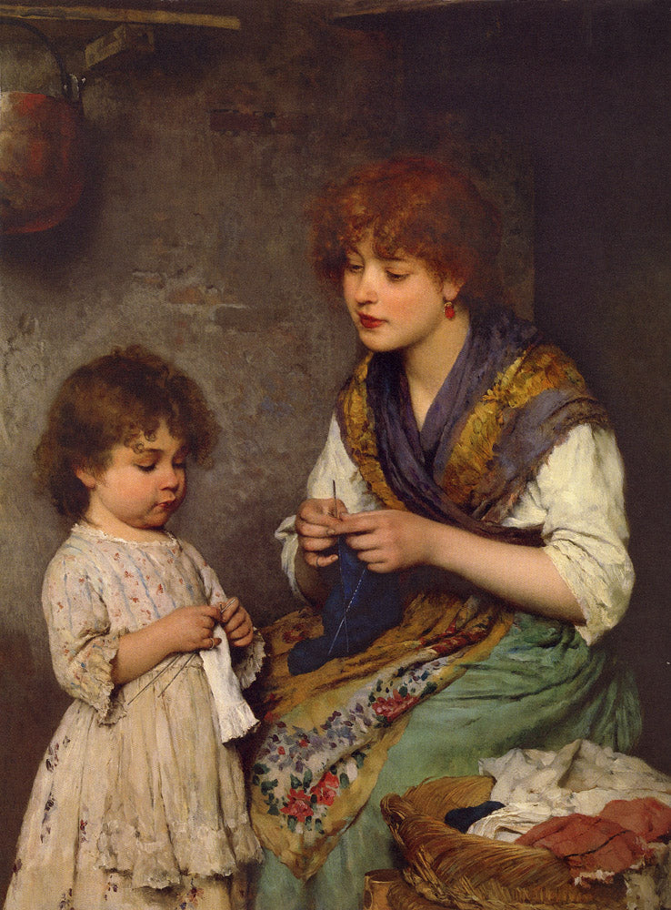 The Knitting Lesson, vintage artwork by Eugene von Blaas, 12x8" (A4) Poster