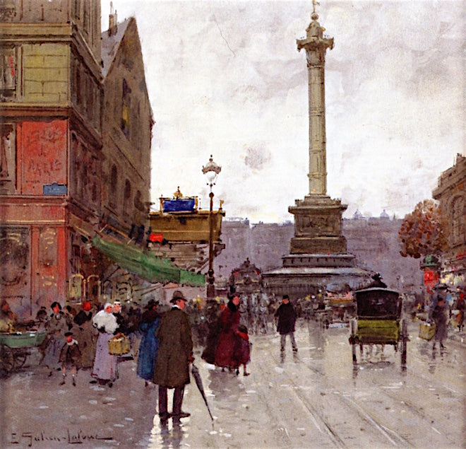 Place de la Bastille, vintage artwork by Eugene Galien-Laloue, 12x8" (A4) Poster