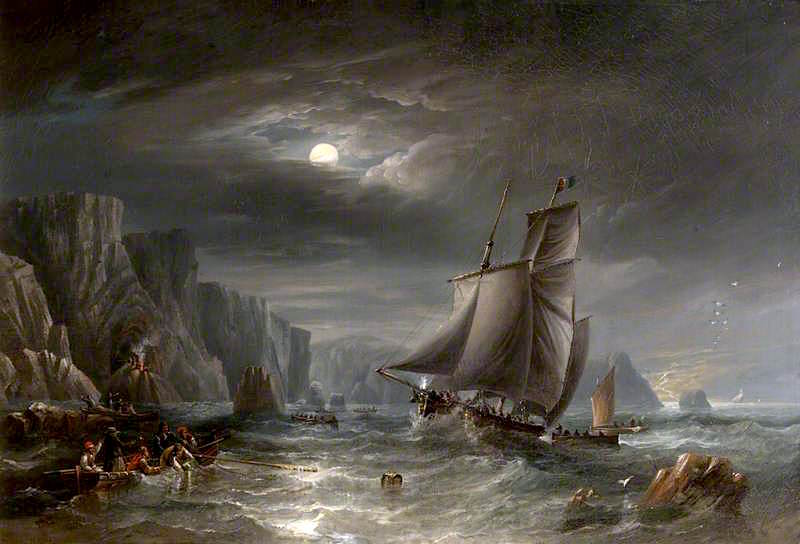 Moonlit Coastal Scene, vintage artwork by John Wilson Carmichael, A3 (16x12") Poster Print