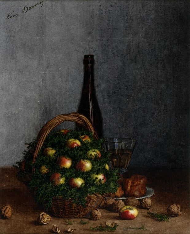 Still Life with Wine, Fruit, and Nuts, vintage artwork by Leon Bonvin, 12x8" (A4) Poster