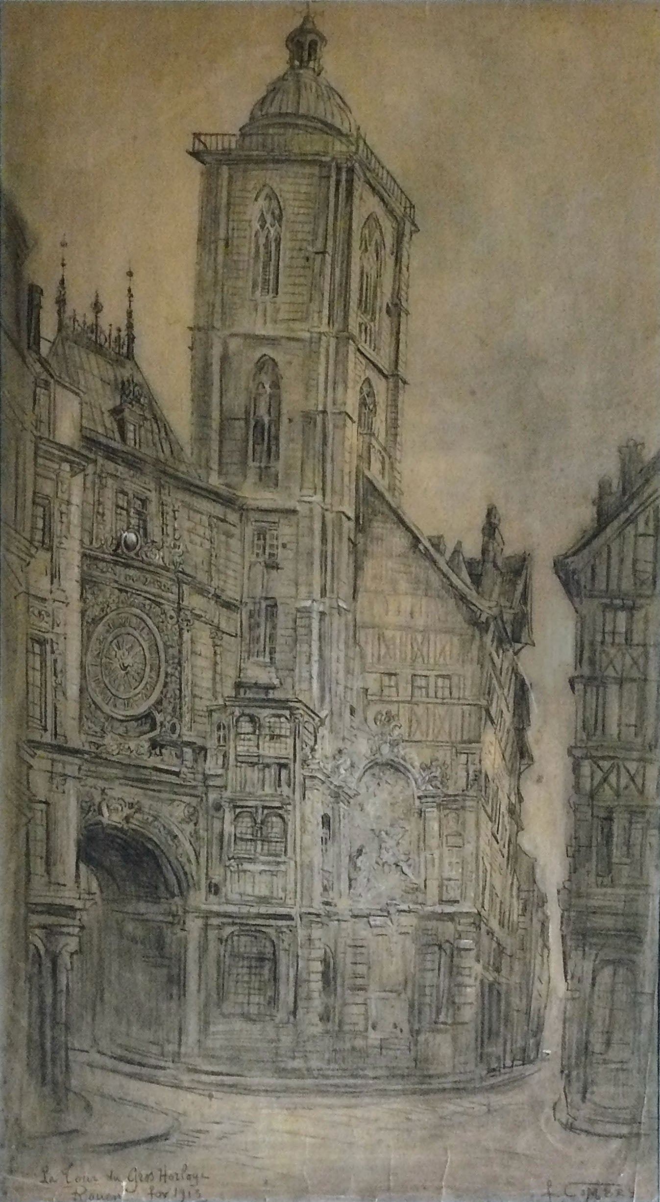 Rouen, la tour du Gros Horloge, vintage artwork by Fernand Combes, 12x8" (A4) Poster
