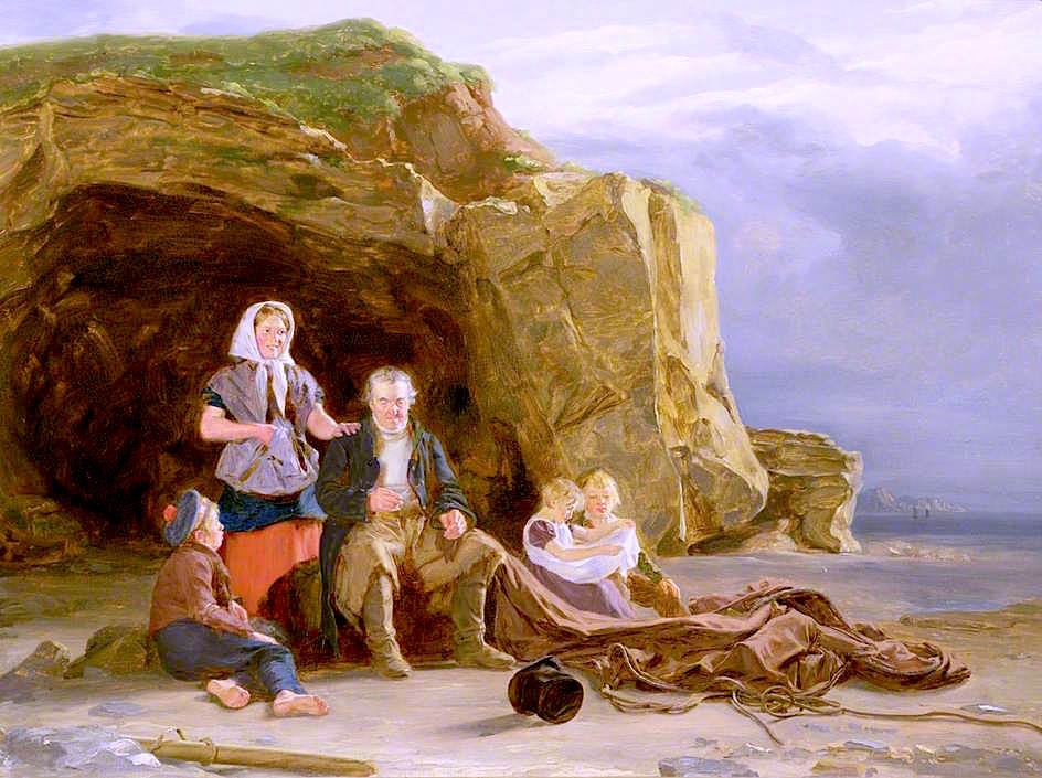 Coastal Scene with Figures Mending Nets, vintage artwork by Thomas Sword Good, 12x8" (A4) Poster