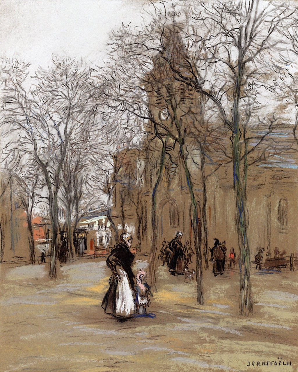 and Daughter in a Church Plaza by Jean-Franaois Raffaëlli,A3(16x12")Poster