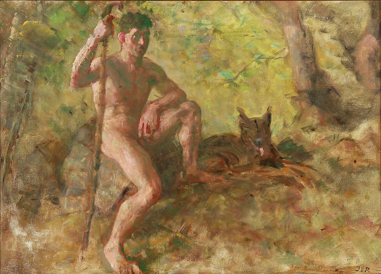 A nude male with a dog in a forest, vintage artwork by Julius Paulsen, 12x8" (A4) Poster