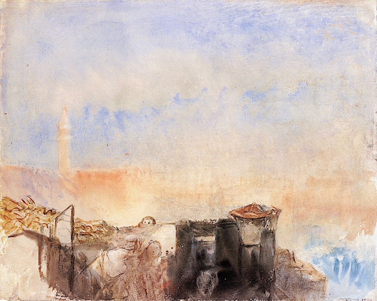 Among the Chimney Pots above Venice, the Roof of the Hotel Europa, with the Campanile of San Marco, vintage artwork by Joseph Mallord William Turner, 12x8" (A4) Poster