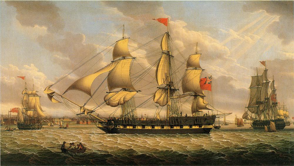 British Merchantman in the River Mersey off Liverpool, vintage artwork by Robert Salmon, 12x8" (A4) Poster
