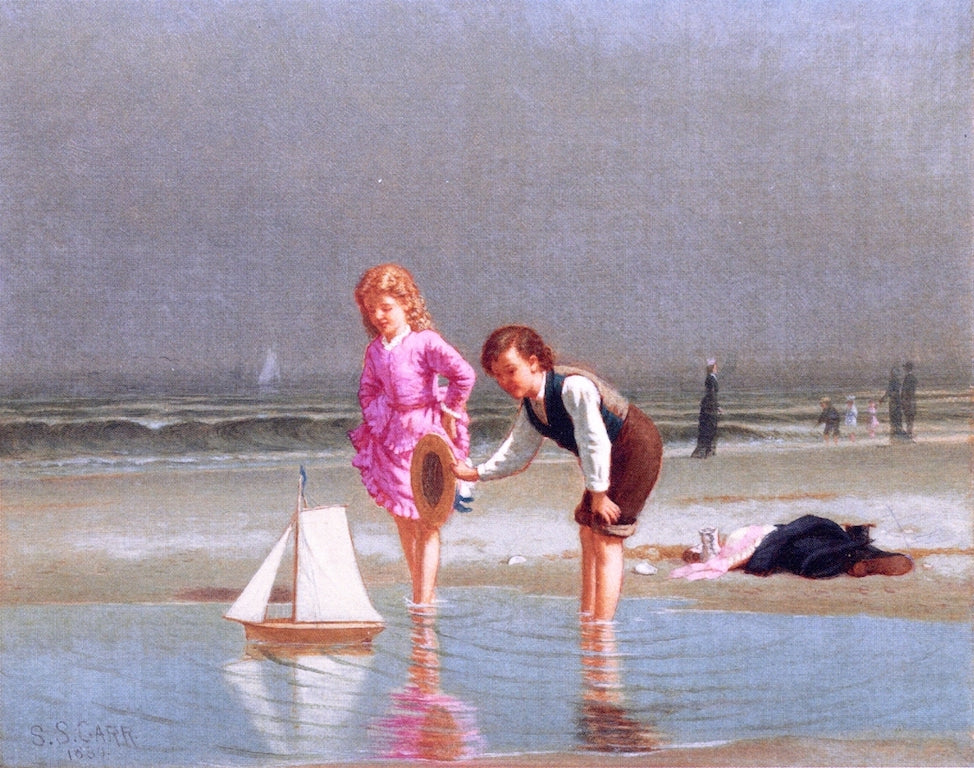 Children Playing with Toy Sailboat, vintage artwork by Samuel S. Carr, 12x8" (A4) Poster