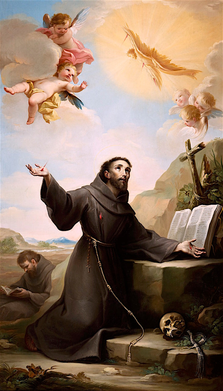 Saint Francis of Assisi Receiving the Stigmata, vintage artwork by Mariano Salvador Maella, 12x8" (A4) Poster