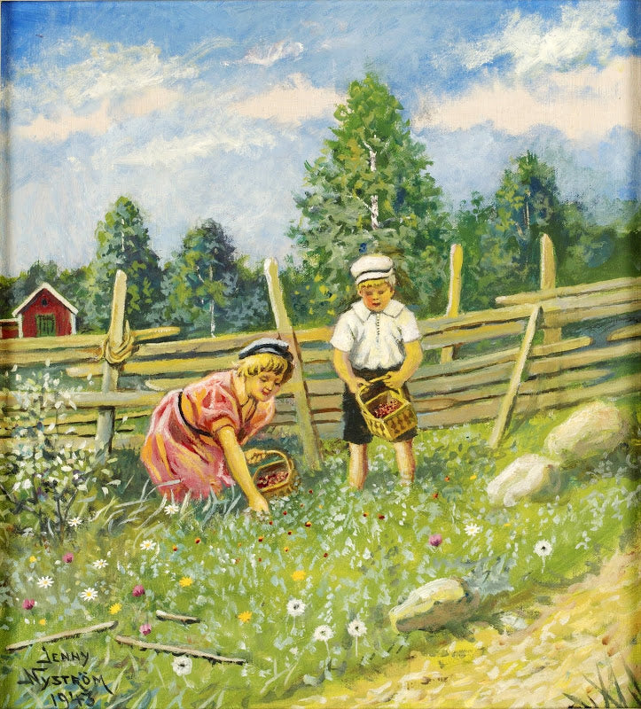 Picking Berries, vintage artwork by Jenny Nyström, 12x8" (A4) Poster