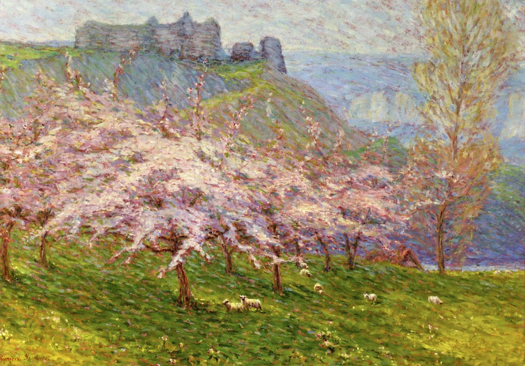 Sheep Grazing beneath Flowering Apple Trees, vintage artwork by Wynford Dewhurst, 12x8" (A4) Poster