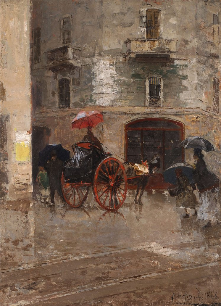 Giorno di pioggia a Milano, vintage artwork by Mose Bianchi, 12x8" (A4) Poster
