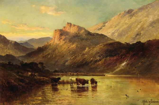 Cattle Watering in a Mountainous Landscape, vintage artwork by Alfred de Breanski, Sr., 12x8" (A4) Poster