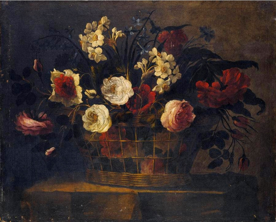 Still Life of Flowers in a Wicker Basket, vintage artwork by Juan de Arellano, 12x8" (A4) Poster