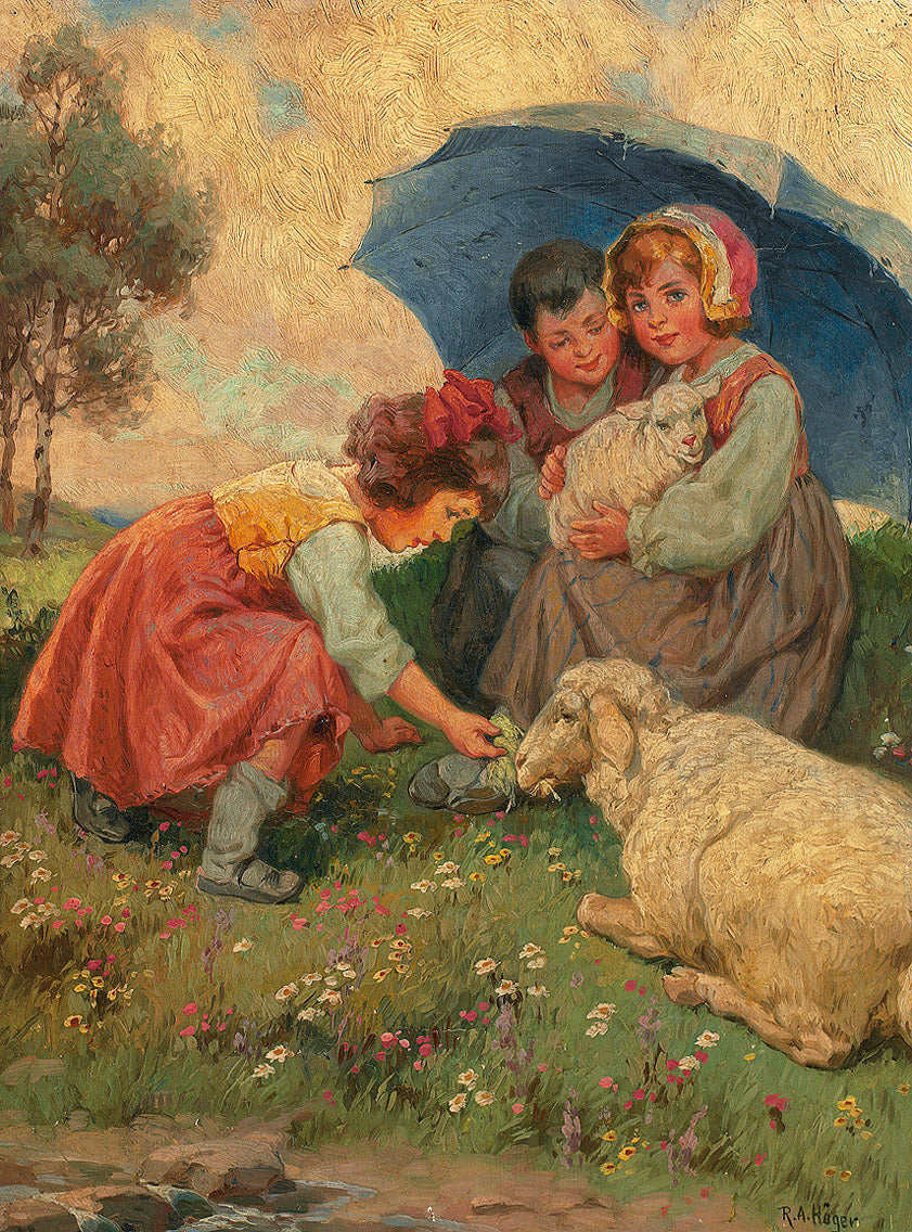 Children with sheep on the summer meadow, vintage artwork by Rudolf Alfred Höger, 12x8" (A4) Poster