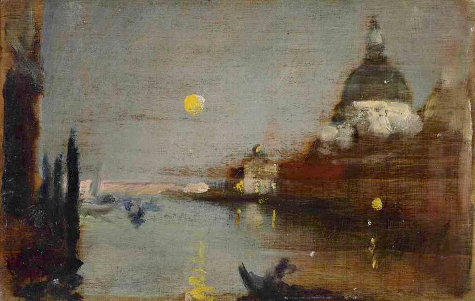 Santa Maria della Salute from the Grand Canal, with a full moon, Venice, vintage artwork by Sir James Jebusa Shannon, 12x8" (A4) Poster