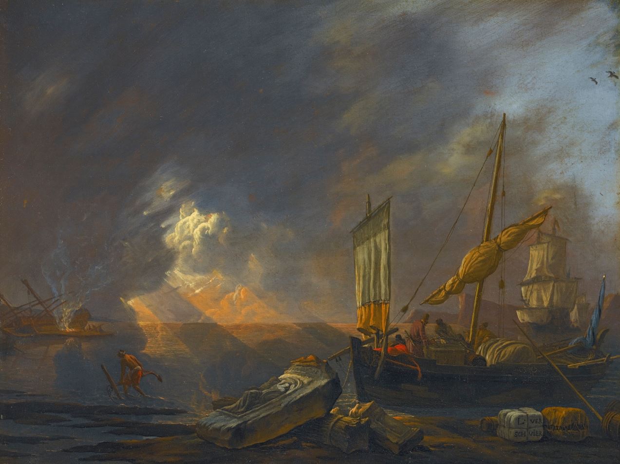 Mediterrannean Coast at Dawn with a Galliot Preparing to Unload its Cargo, vintage artwork by Lieve Verschuier, 12x8" (A4) Poster