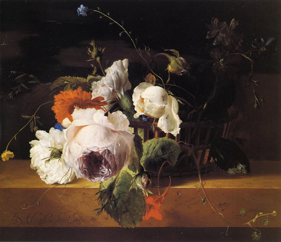 Wildflowers in a Basket on a Marble Ledge by Arthur Chaplin,A3(16x12")Poster