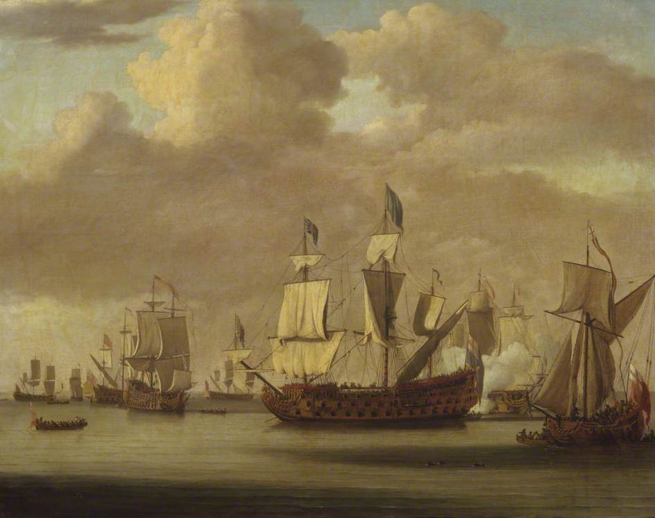 Calm: HMS "Royal James" a Royal Yacht and other Shipping, vintage artwork by Willem van der Velde the Elder, 12x8" (A4) Poster
