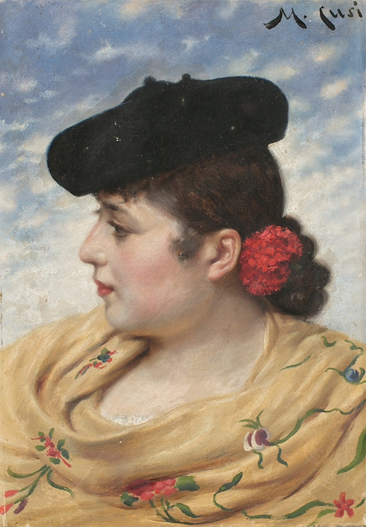 Girl with Hat, vintage artwork by Manuel Cusi y Ferret, 12x8" (A4) Poster