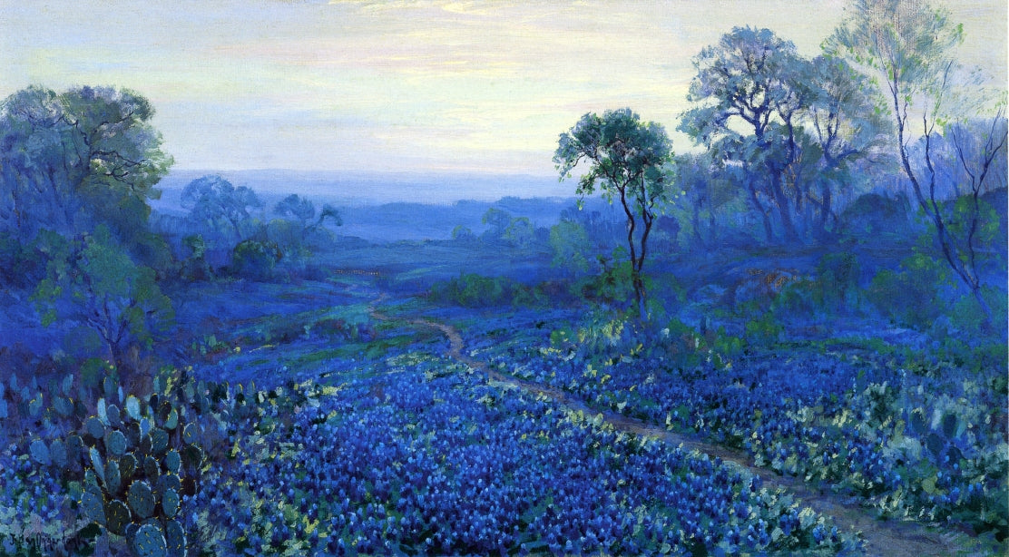 Bluebonnet Landscape with Catci, Road and Mountain Laurel, vintage artwork by Julian Onderdonk, 12x8" (A4) Poster