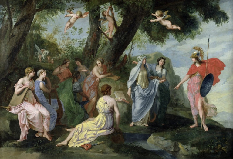 Minerva and the muses, vintage artwork by Jacques Stella, 12x8" (A4) Poster