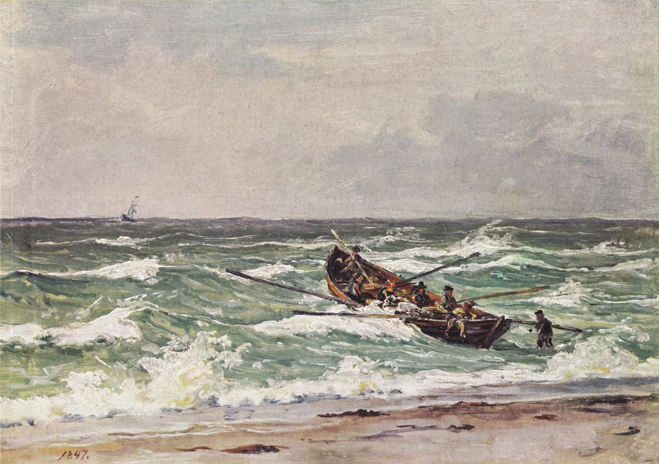 Fishermen rowing their boat through heavy seas in aid of a ship in distress, vintage artwork by Martinus Rørby e, A3 (16x12") Poster Print