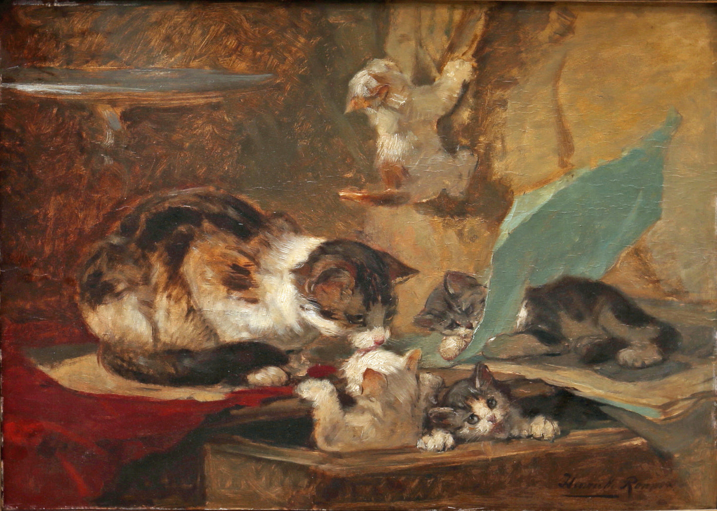 Cat Playing with Her Kittens, vintage artwork by Henriette Ronner-Knip, A3 (16x12") Poster Print