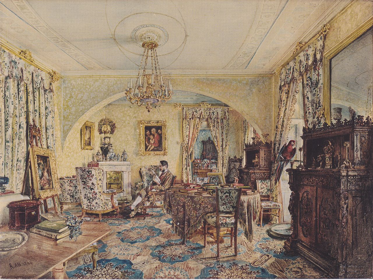 Count Casimir Batthyány in his salon on Castle Siklos, vintage artwork by Rudolf von Alt, A3 (16x12") Poster Print