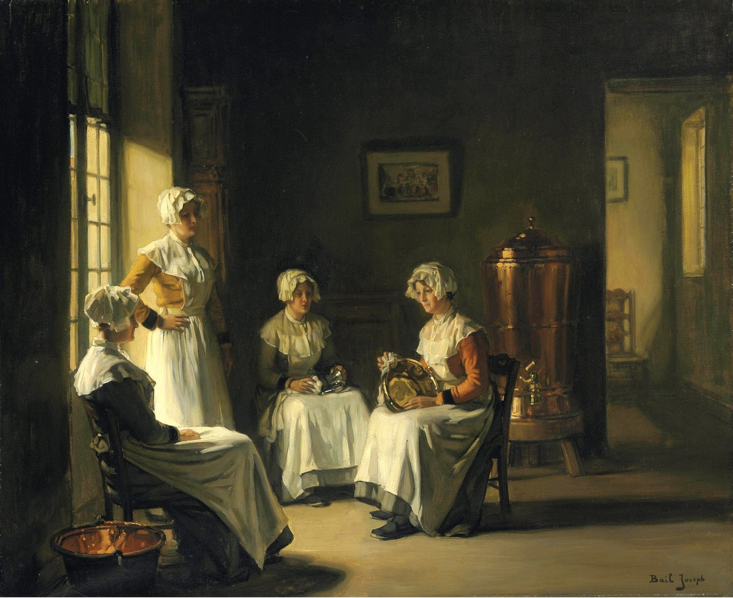 An Interior with Women Polishing Brass, vintage artwork by Claude Joseph Bail, 12x8" (A4) Poster