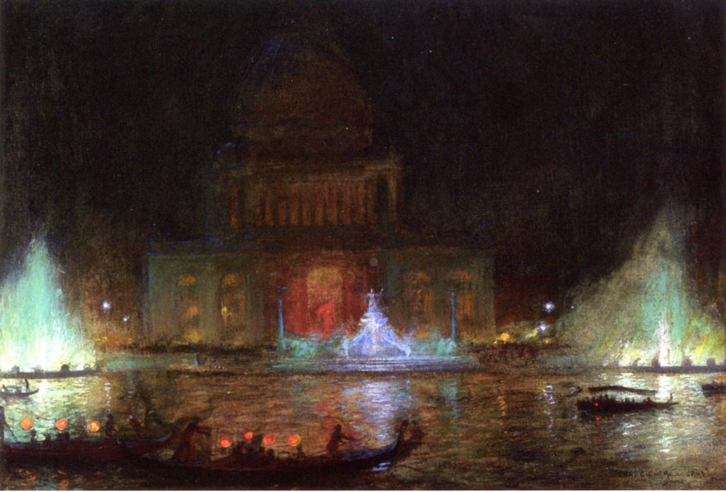 Administration Building of the 1893 Columbian Exposition in Chicago at NIght, vintage artwork by Charles Courtney Curran, 12x8" (A4) Poster
