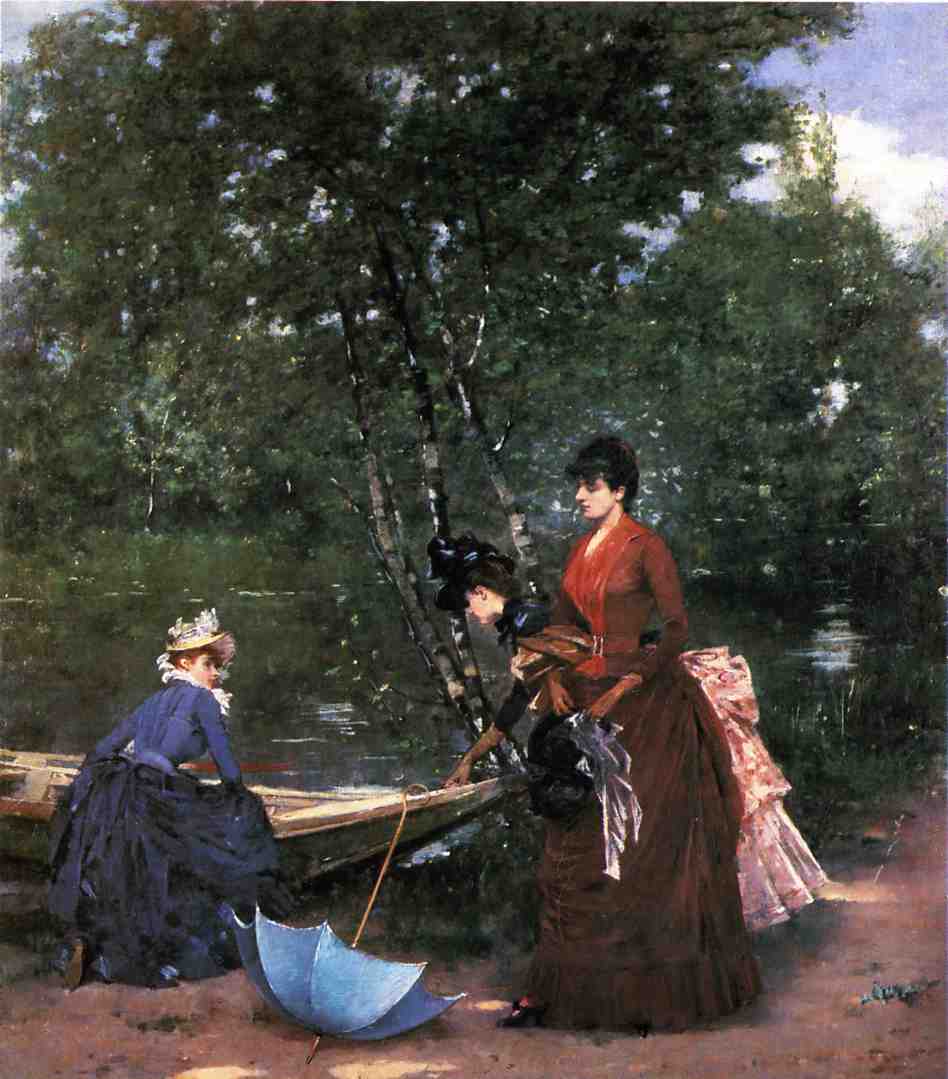 Three Parisian Women in the Bois de Boulogne, vintage artwork by Francisco Miralles Y Gallup, 12x8" (A4) Poster