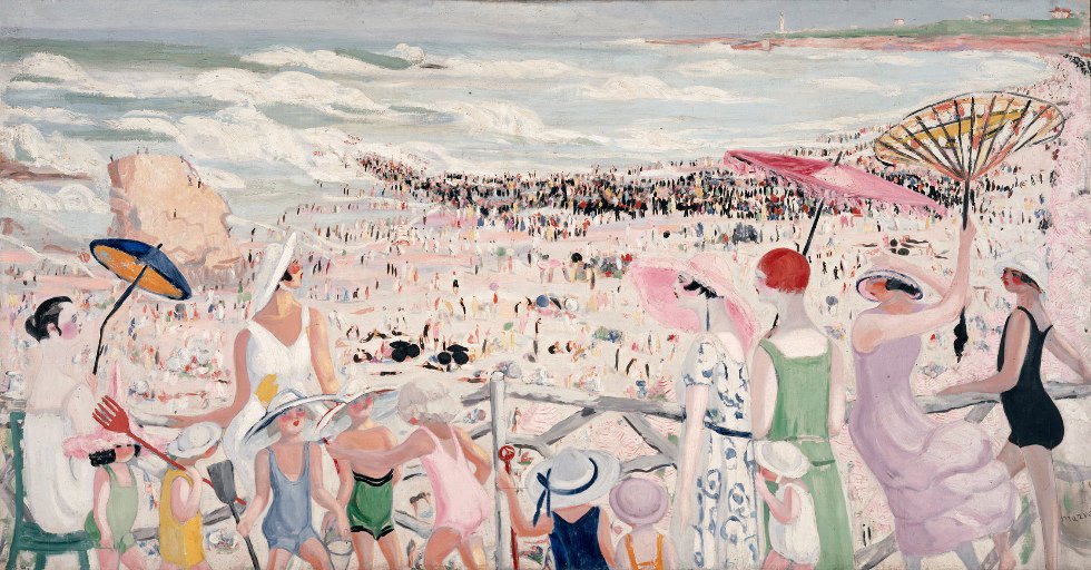 La grande plage à Biarritz, vintage artwork by Jacqueline Marval, 12x8" (A4) Poster