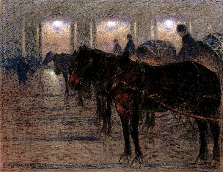 Horsedrawn carriages outside the Opera House, Stockholm, vintage artwork by Nils Kreuger, 12x8" (A4) Poster