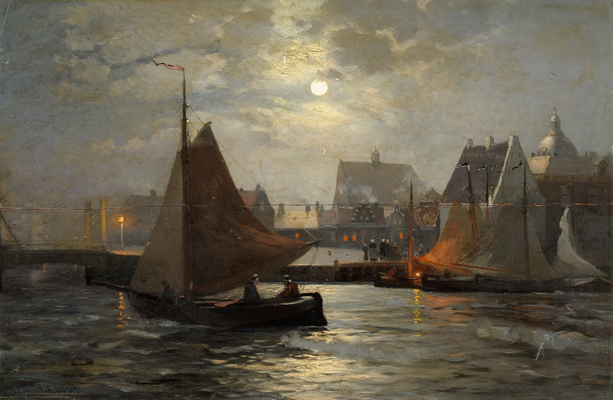 Harbor Scene with Full Moon, vintage artwork by Heinrich Petersen-Angeln, 12x8" (A4) Poster