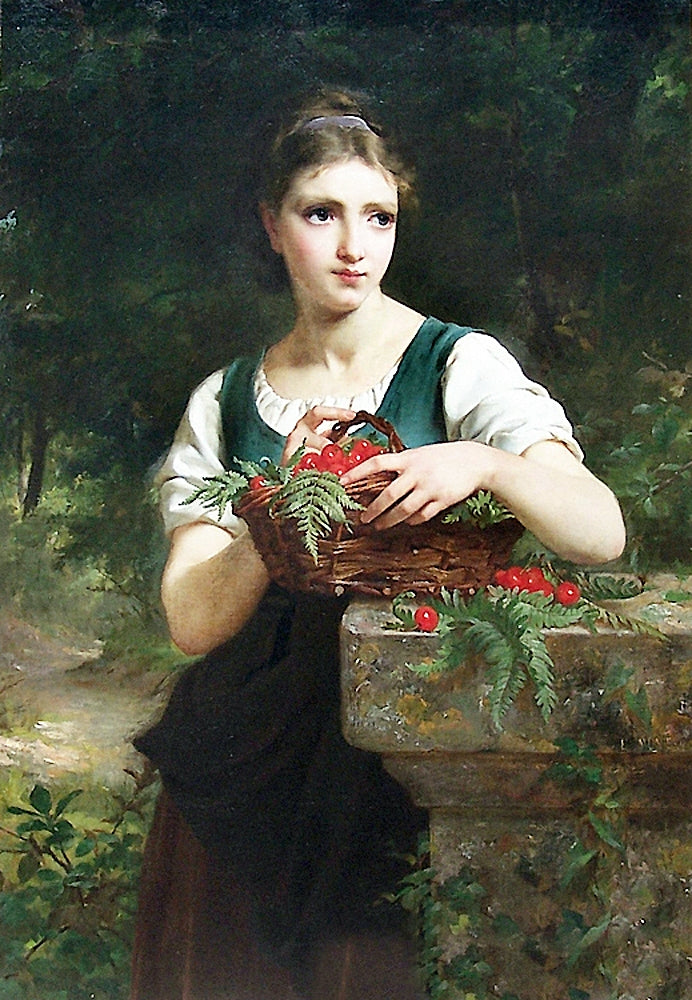 Girl with Basket of Cherries, vintage artwork by Émile Munier, 12x8" (A4) Poster