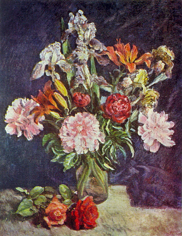Bouquet of flowers. Peonies, irises, lilies, vintage artwork by Ilya Mashkov, 12x8" (A4) Poster