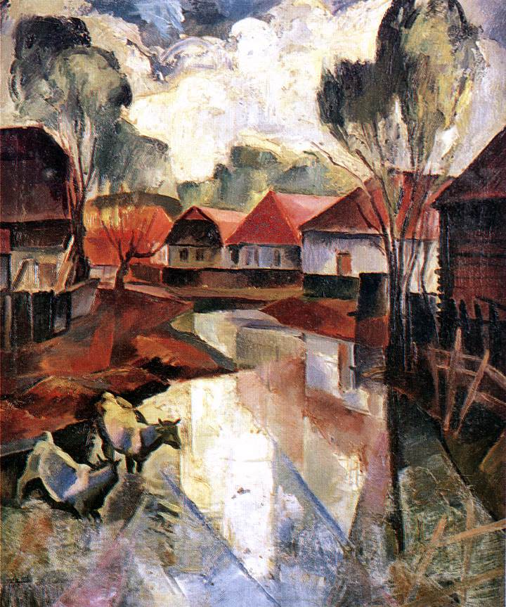 Village in Hungary, vintage artwork by Karoly Patko, 12x8" (A4) Poster